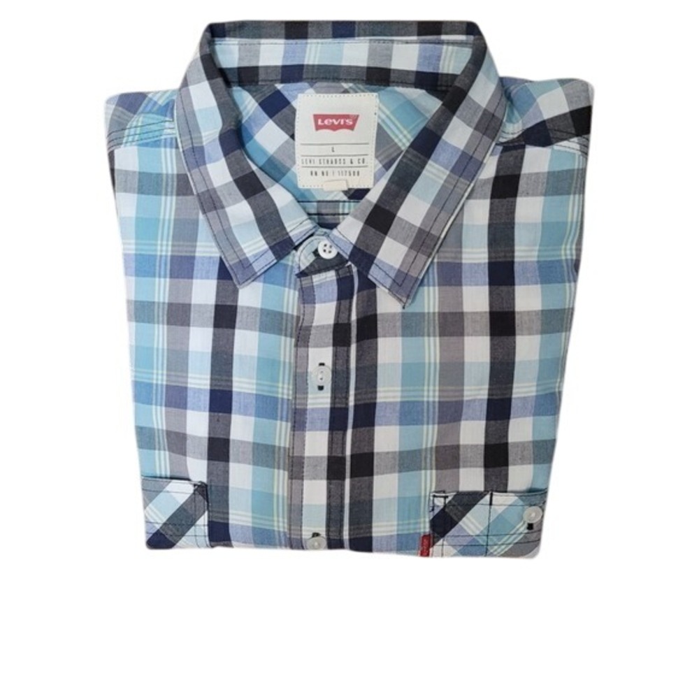 Levi‎ Strauss & Co Men's Large L Plaid Short Sleeve Button Up Blue Gray Black